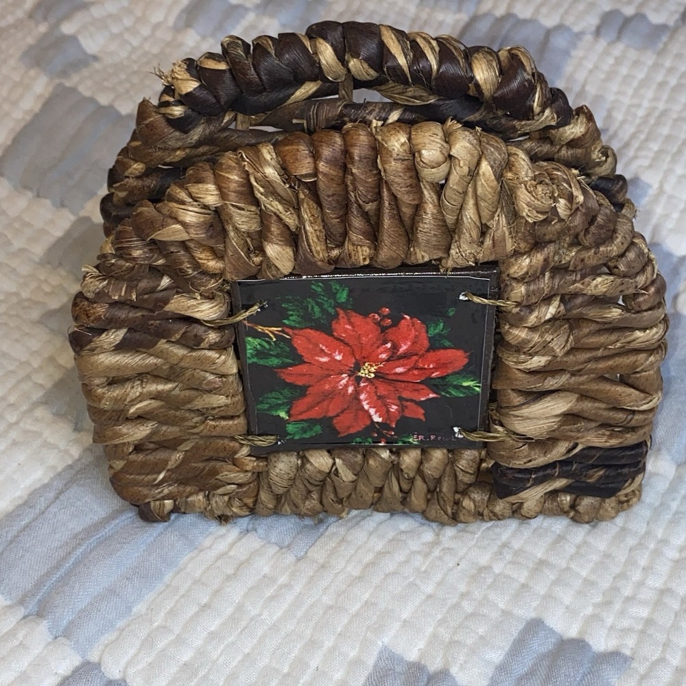 Handmade Wicker Napkin Holder with Floral Christmas Design,‎ Brown Red Green